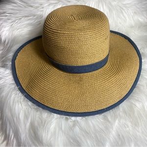 Woven Beach Hat Wide Brim Tan with Blue Trim Summer Romantic